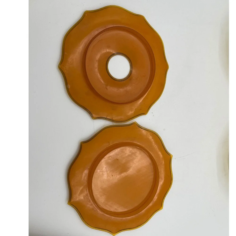 Art Deco Amber Glass Vanity Jar Set with Green Celluloid Lids